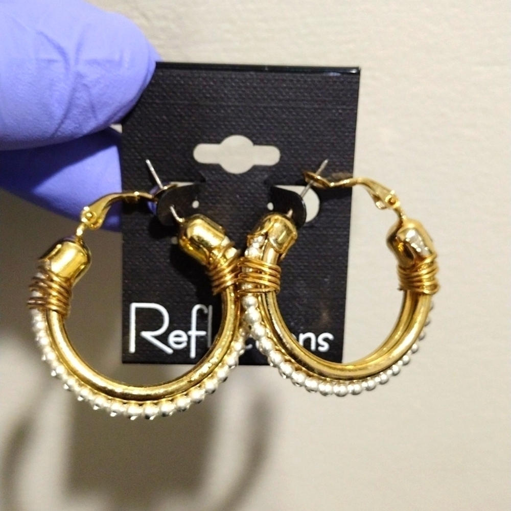 Women's Polished Two tones, Gold & Silver Interconnected Beaded Hoop Earrings